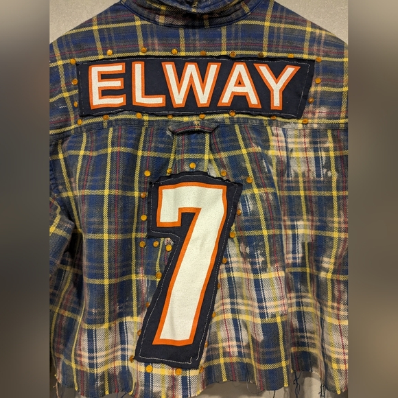 JOHN ELWAY BRONCOS plaid button up cropped distressed shirt - Picture 5 of 5